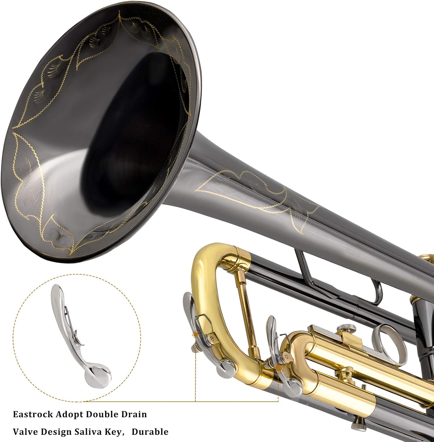 EASTROCK Bb Trumpet Standard Trumpet Set with Carrying Case,Gloves, 7C Mouthpiece, Cleaning Kit, Tuning Rod, Black Nickel,Hand Carved Craft