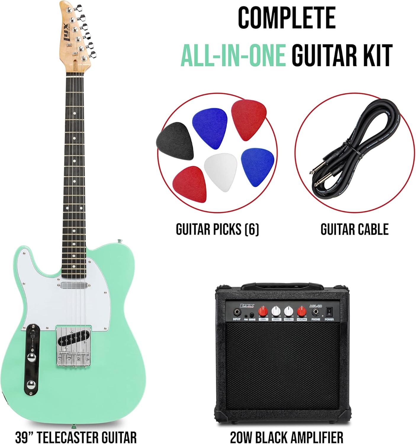 LyxPro 39” Electric Guitar TL Series Kit, Left Hand, 20 Watt Amp, Full-Size Body, C-Shape Neck, Quality Tuning Heads, 3-Way Switch & Volume/Tone Controls, 12 Picks And Cable Included - Green