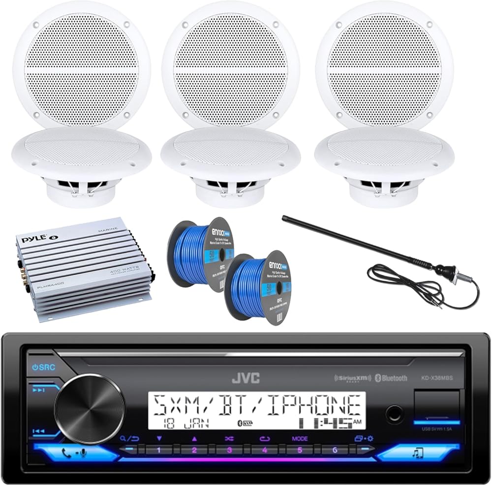 JVC Bluetooth Marine Car Receiver, 6 x Enrock Boat 6.5 Inch Weather Resistant Speakers, Pyle 4 Channel Waterproof Amp, Enrock Boat Outdoor Antenna, Enrock Audio Spool of 100 Foot 16-Gauge Speaker Wire