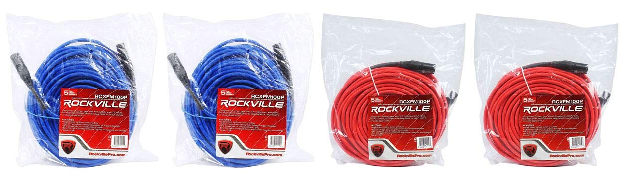 Rockville (2 RCXFM100P-BL Blue 100' Female to Male REAN XLR Mic/Speaker Cable Bundle with (2) RCXFM100P-R Red 100' Female to Male REAN XLR Mic/Speaker Cable (4 Items)