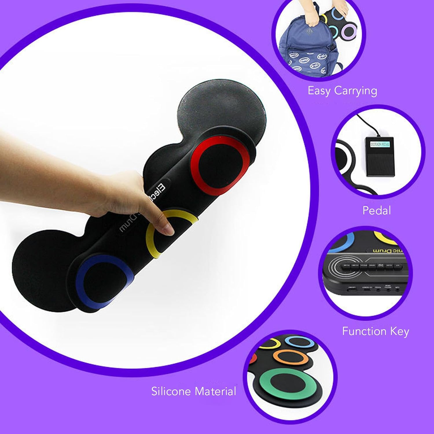 Jiawu Electronic Drum Set, 7 Pads Roll Up Electric Drum Pad Built in Speaker, Portable Drumming Practice Pad Machine with Pedals and Sticks, 10 Hours Playtime for Beginners