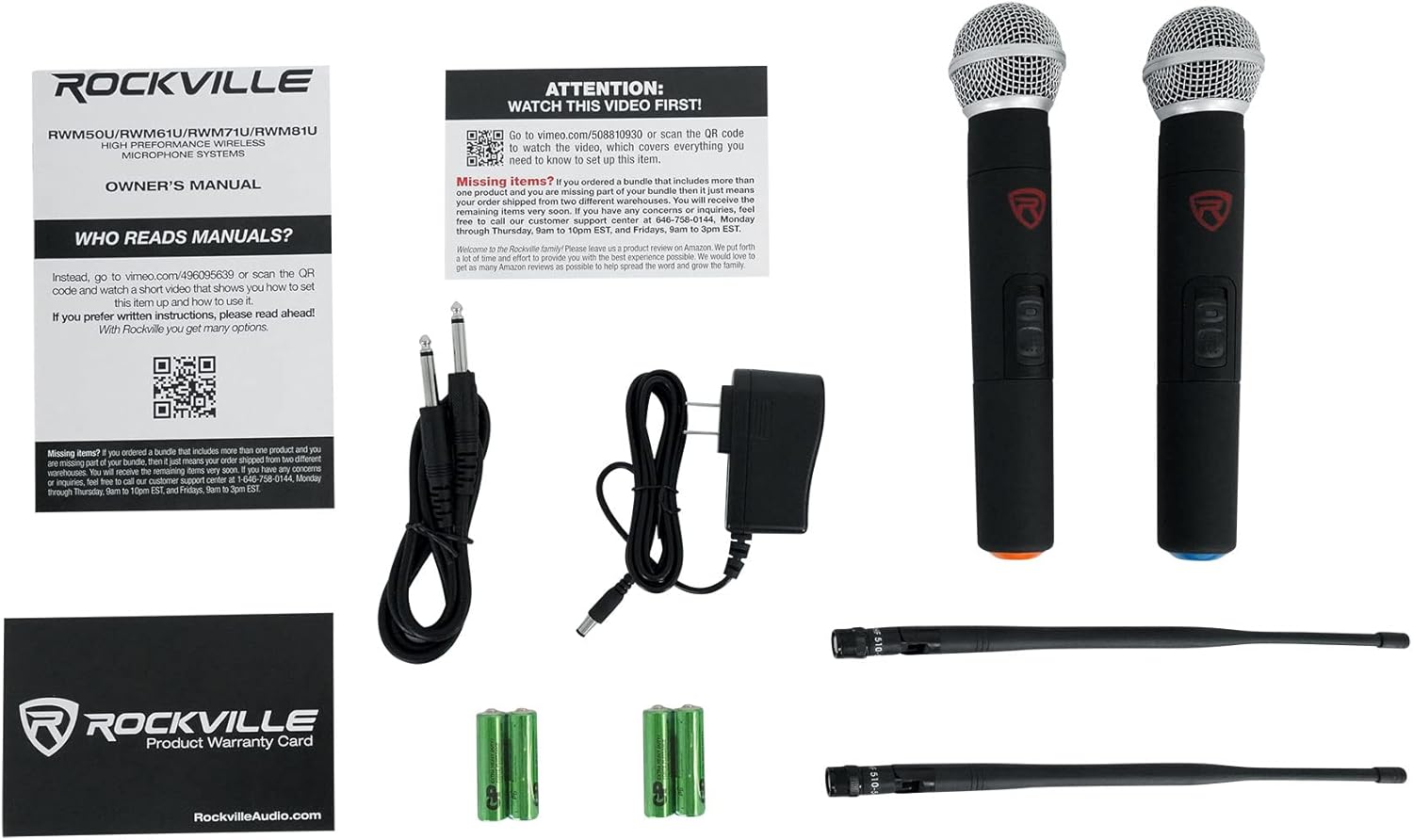 Rockville RWM71U Dual UHF Wireless Handheld Microphone System, Metal Receiver, 400ft Range, Auto Sync, LCD Display, XLR + 1/4
