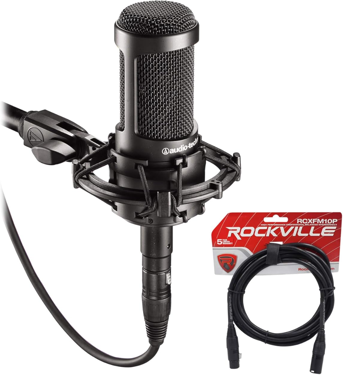 Audio-Technica AT2035 Side Address Cardioid Condenser Studio Microphone with Case Bundle with Rockville RCXFM10P-B Black 10' Female to Male REAN XLR Mic/Speaker Cable