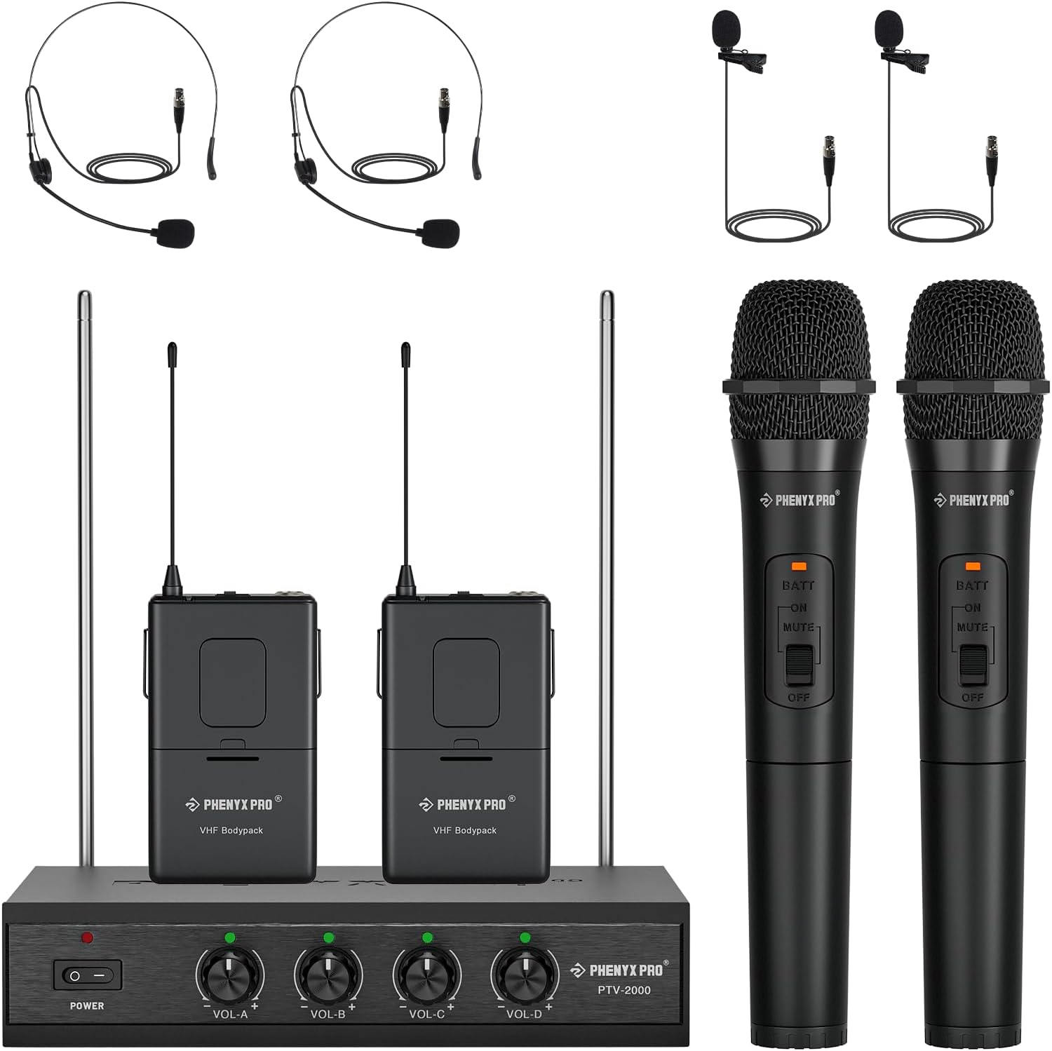 Phenyx Pro Wireless Microphone System, 4-Channel VHF Wireless Microphone Set with 2 Handhelds/2 Bodypacks/2 Lapels/ 2 Headset, Metal Receiver, Suitable for Church, Meeting, Conference(PTV-2000-2H2B)