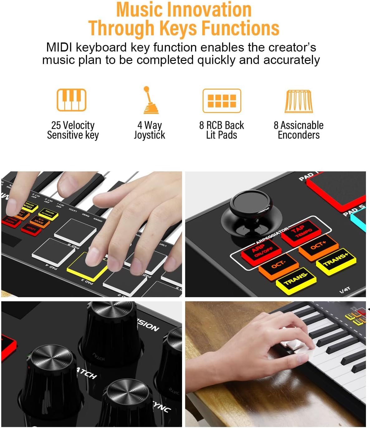 MIDI Keyboard Controller, 25 Key Rechargeable MIDI Keyboard with 8 Backlit Drum Pads, 8 Knobs, OLED Display, DAW Integration, MIDI Controller for Music Production