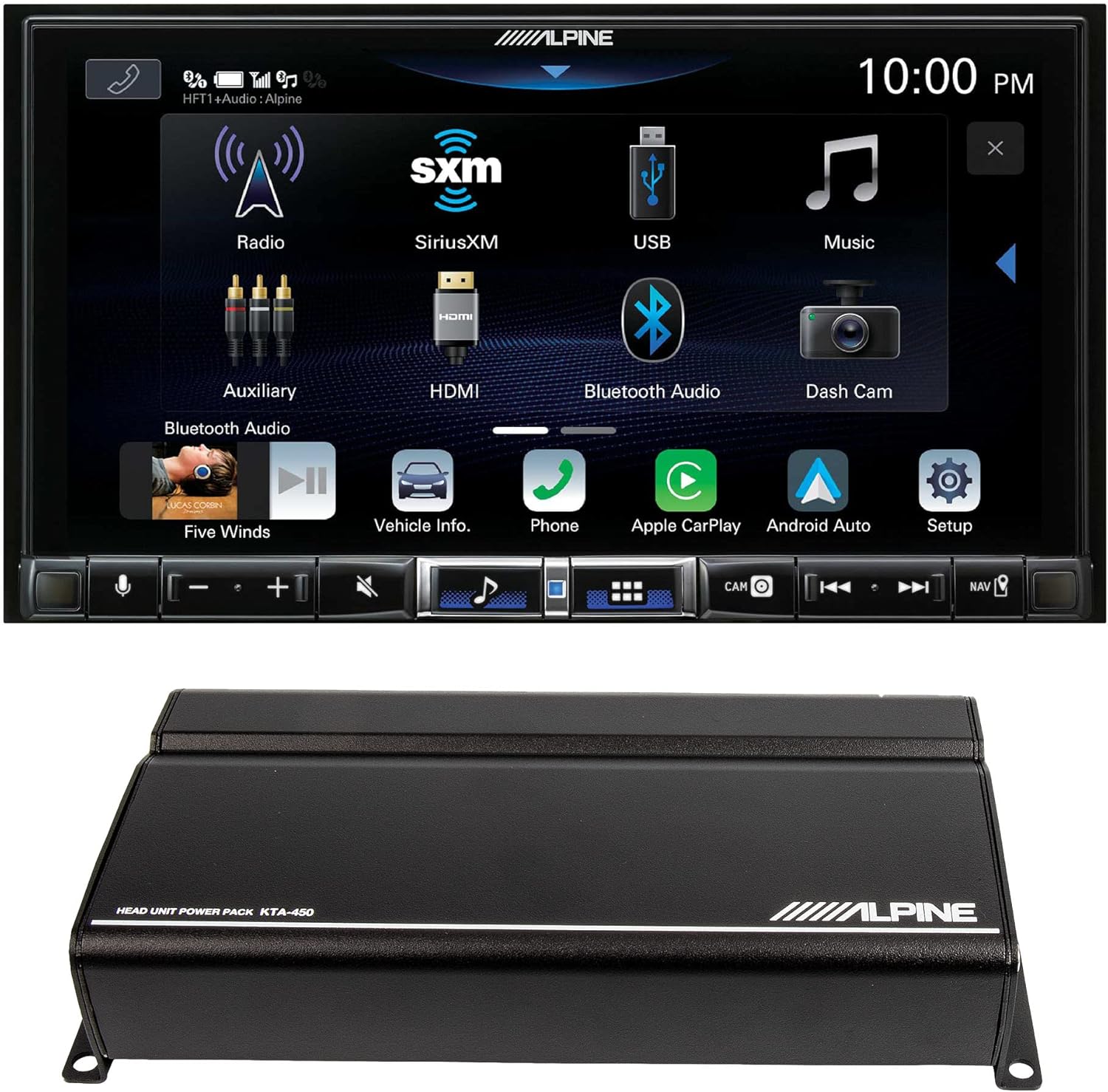 Alpine iLX-507 Shallow Chassis 7-Inch Multimedia Receiver Compatible with Apple Carplay and Android Auto with Alpine KTA-450 Power Pack Amplifier with Power Stack Bracket