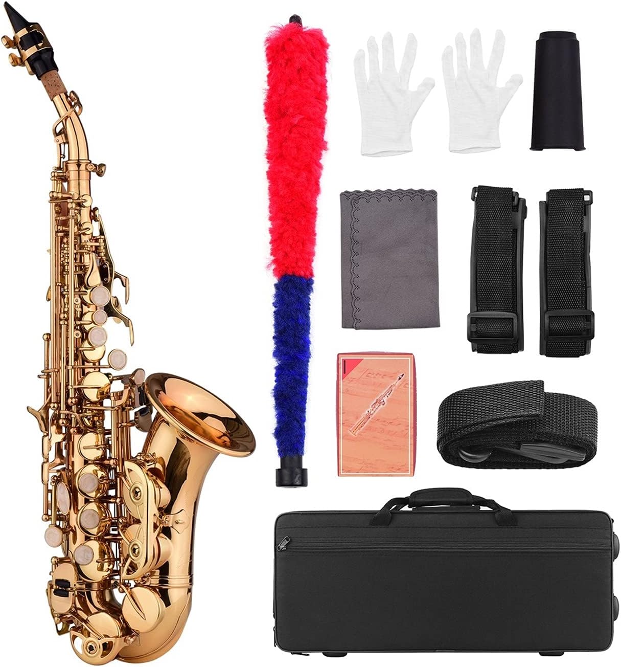Sax Beginners Kit Mini Bb Soprano Saxophone Sax Brass Material Gold Laquer Surface Woodwind Instrument with Carry Case Cleaning Cloth Wind Instrument