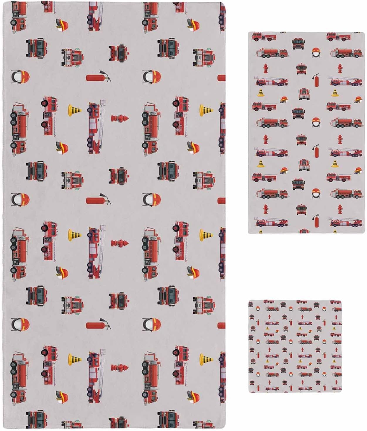 Cartoon Car Bath Towels Set of 3 for Bathroom,Soft Absorbent Shower Beach Hand Face Hair Yoga Workout Gym Towel Dish Wahcloth,Funny Red Black Fire Truck Print Vintage Quick Dry Kitchen Bath Towels+Set