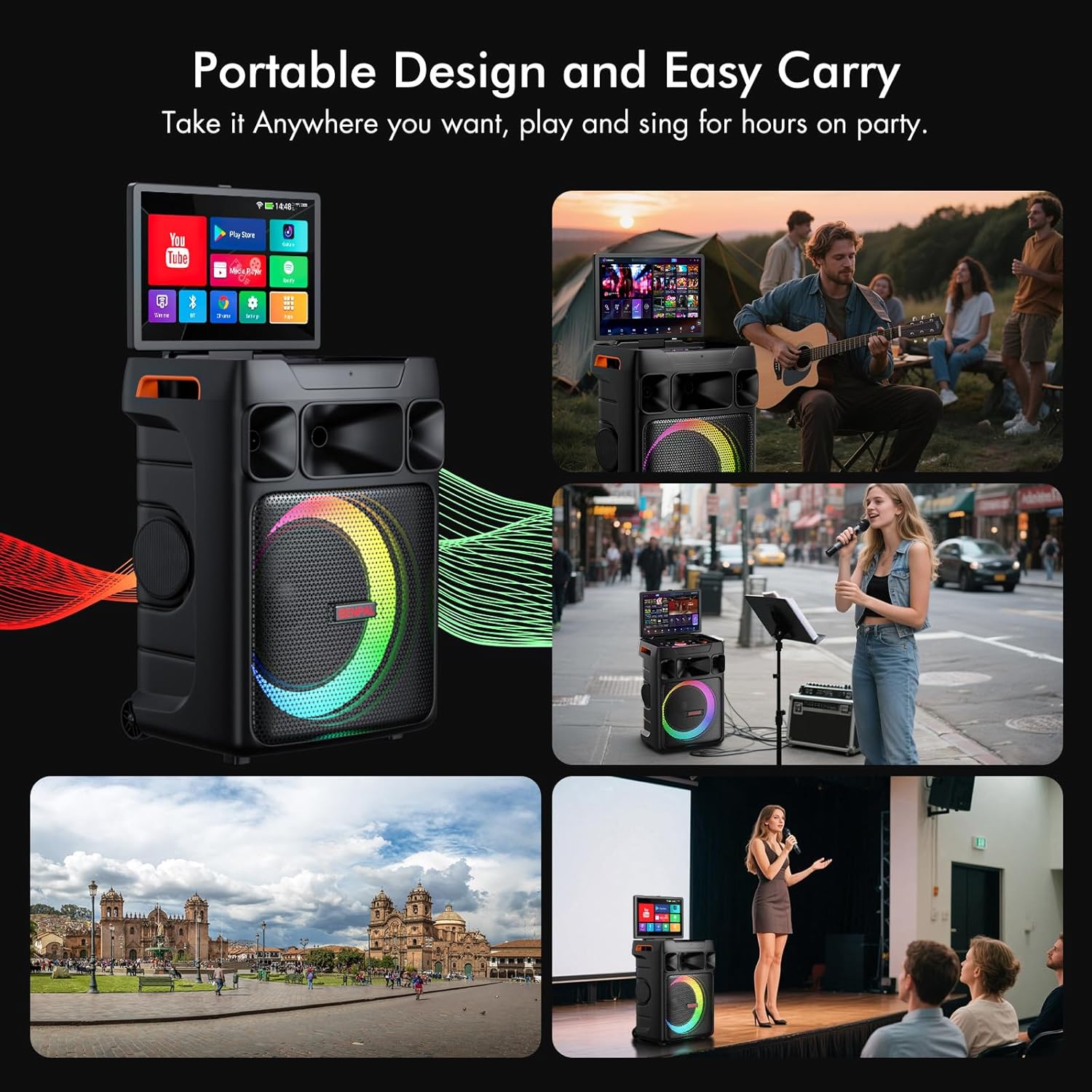 Portable Karaoke Machine with 14 Inch Touch Screen & Lyrics Display, Professional Bass Sound for Home Parties, Outdoor Events, Karaoke Nights - Perfect for Adults, Kids, Singers & Music Lovers