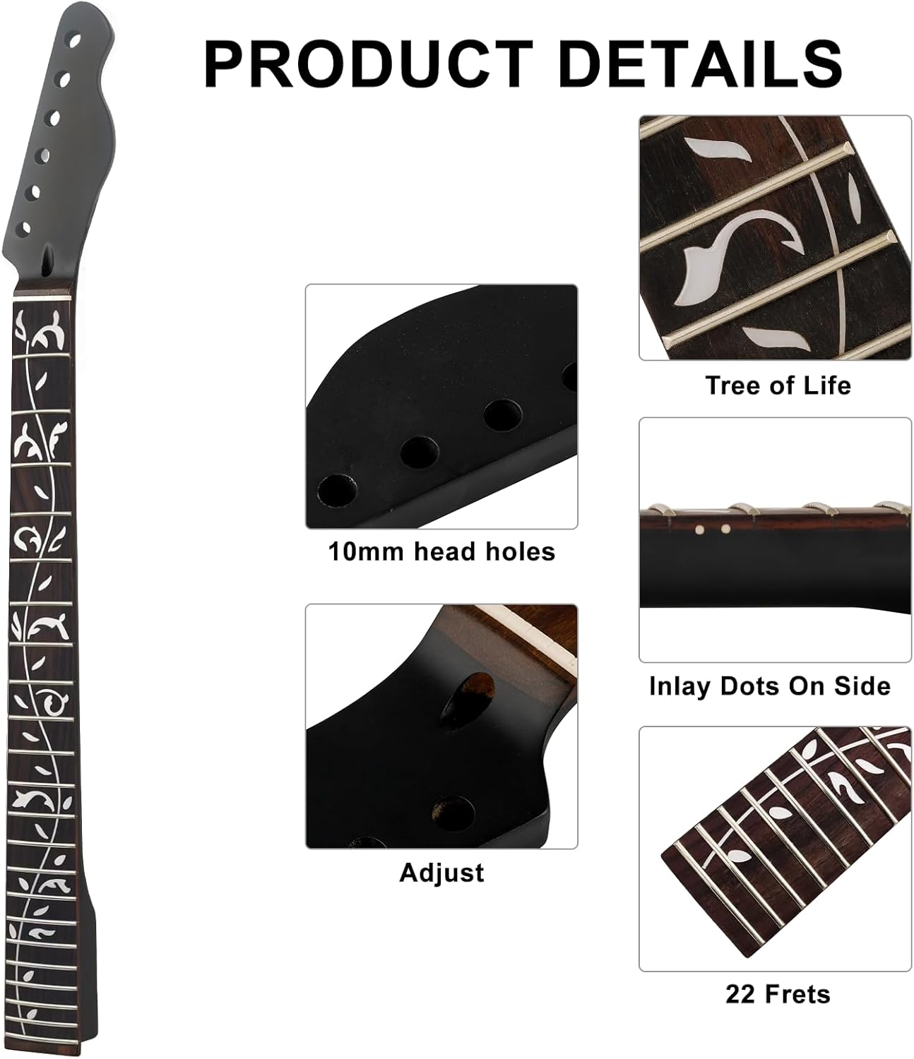 22fret Black Matte TL Electric Guitar Neck Canadian Maple,Cow Bone Nut, Rosewood Carved Tree of Life Fretboard