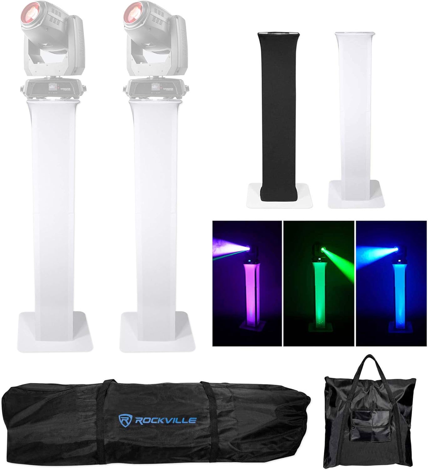 (2) Rockville RTP32W Totem Moving Head Light Stand+Black+White Scrims+Carry Bags for Chauvet Intimidator Hybrid 140SR Lights