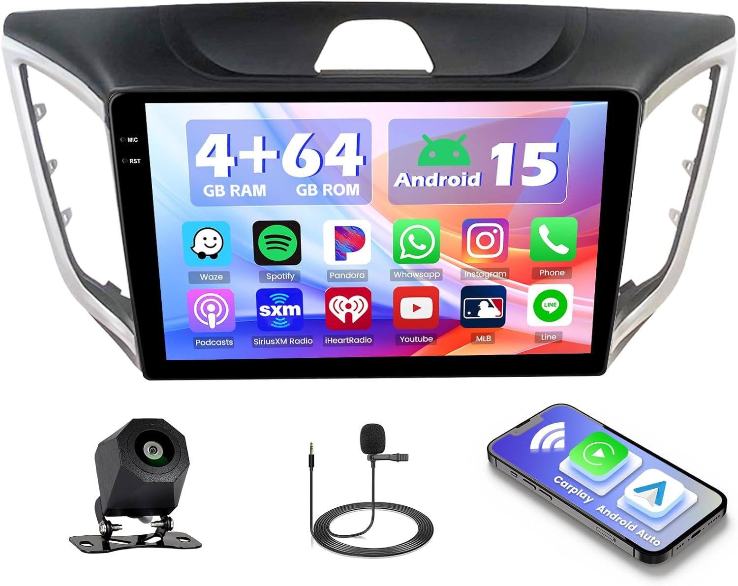 Hikity 4+64G Android Car Stereo for Hyundai Creta 2015 2016 2017 2018 2019, 10.1”Incell Touchscreen Radio with CarPlay, Android Auto, Bluetooth, GPS Navigation, WiFi, FM, RDS + AHD Backup Camera