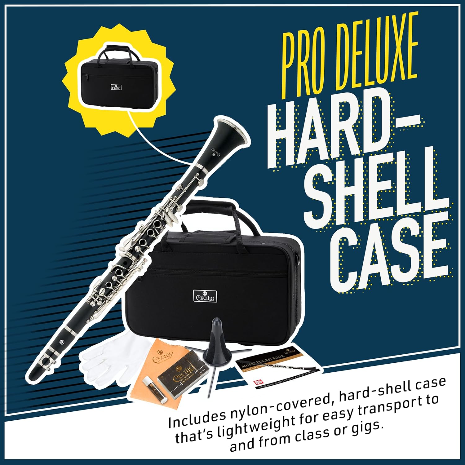 Mendini by Cecilio B Flat Clarinet for Beginner, Ebonite Bb Clarinet with 2 Replaceable Barrels, 10 Reeds, Stand, Pocketbook, Mouthpiece, Hard Case, Gloves (Black)