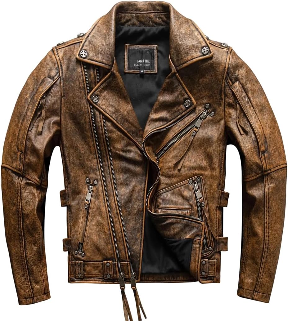Men Vintage Genuine Natural Cowhide Turn-Down Collar Diagonal Zipper Coat Yellow Winter Leather Jacket