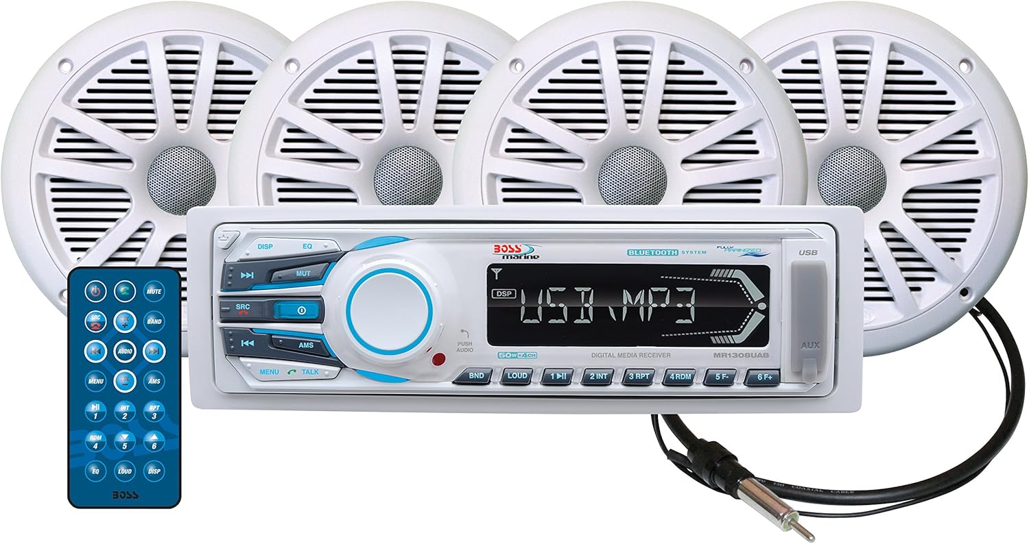 BOSS Audio Systems MCK1308WB.64 Receiver Speaker Package, Bluetooth, MP3 USB SD AM FM Marine Stereo, Detachable Front Panel, Wireless Remote - - no CD DVD, 4 6.5 Inch Speakers, Antenna