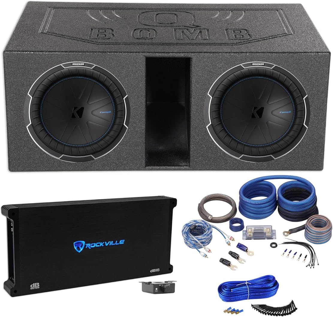 Audiosavings Bundle: (2) Kicker Car Stereo Subwoofer Bundle with Rockville Mono Amplifier & Amp Wire Kit, Dual Sub Box Enclosure & Enclosure Installation Kit (6 Items)