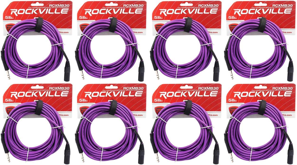 Rockville RCXMB30-P XLR to 1/4 in TRS Balanced Audio Cables, REAN Nickel Plated, OFC Copper, 30 Ft Purple, 8-Piece
