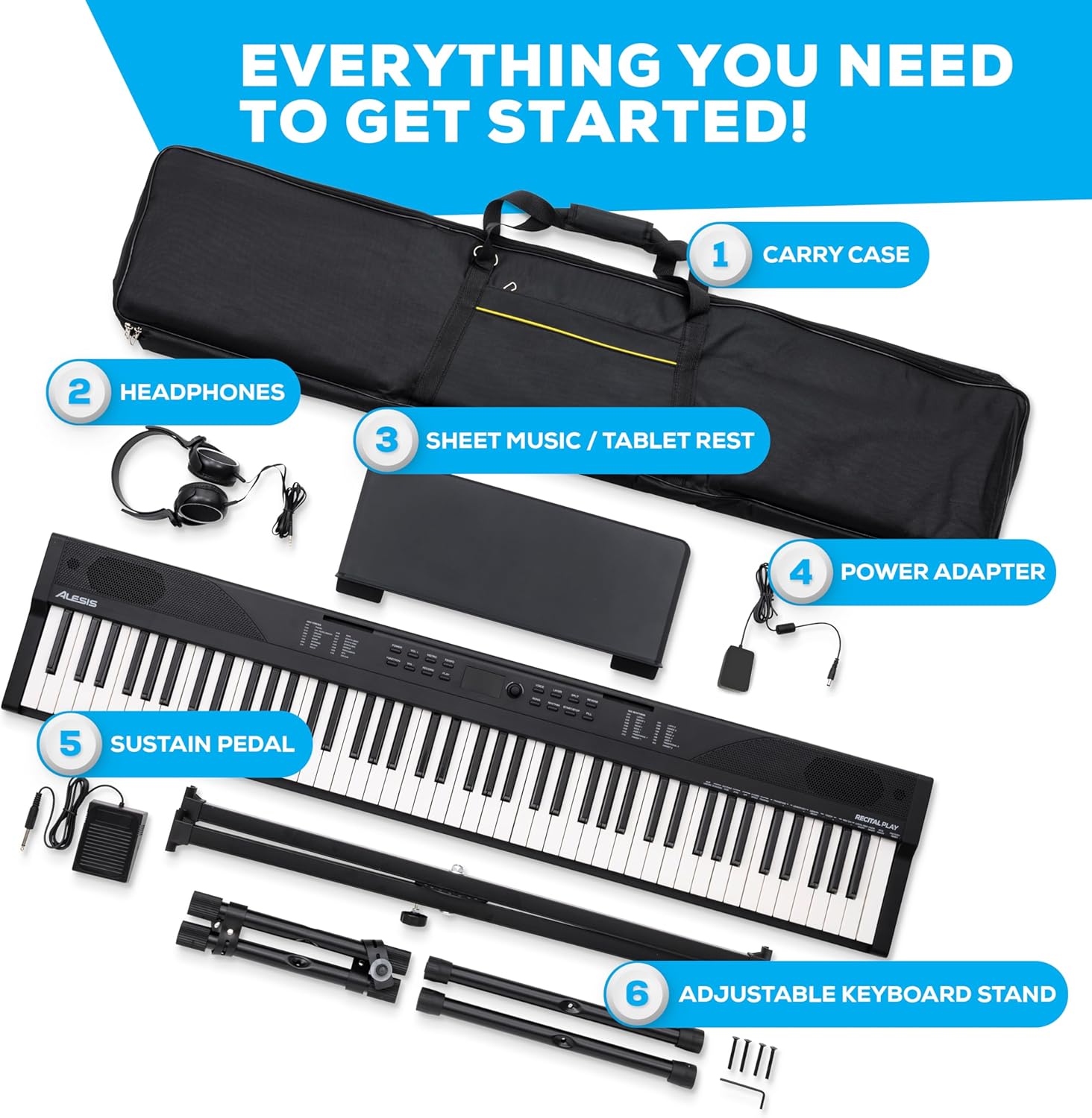 Alesis 88 Key Keyboard Piano with 480 Sounds, Speakers, USB MIDI, Carry-Bag, Stand, Headphones, Pedal and Piano Lessons for Beginners