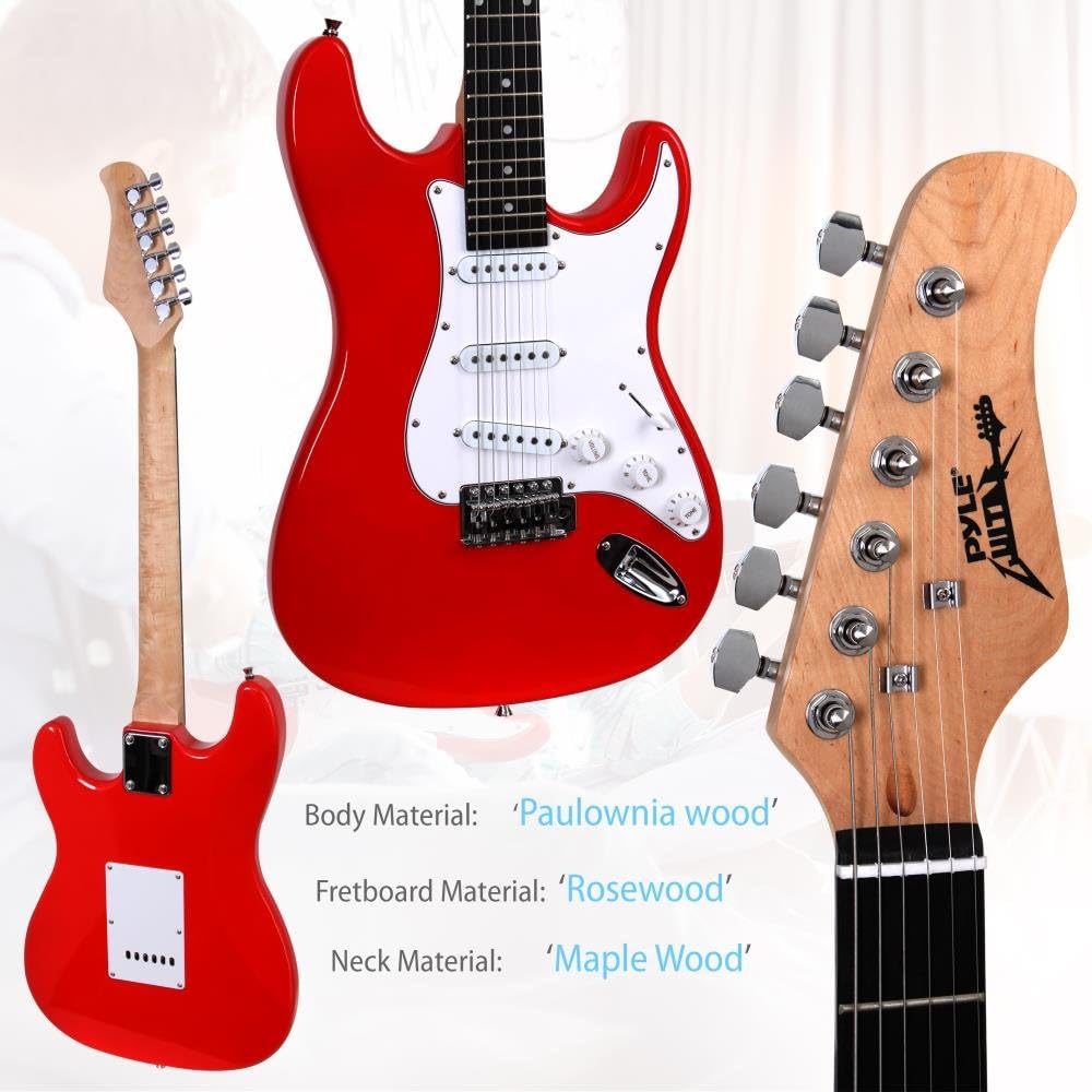 PylePro Full Size Electric Guitar Package w/ Amp, Guitar Bundle, Case & Accessories, Electric Guitar Bundle, Beginner Starter Package, Strap, Tuner, Pick, Ready to Use Out of the Box, Red (PEGKT15R)