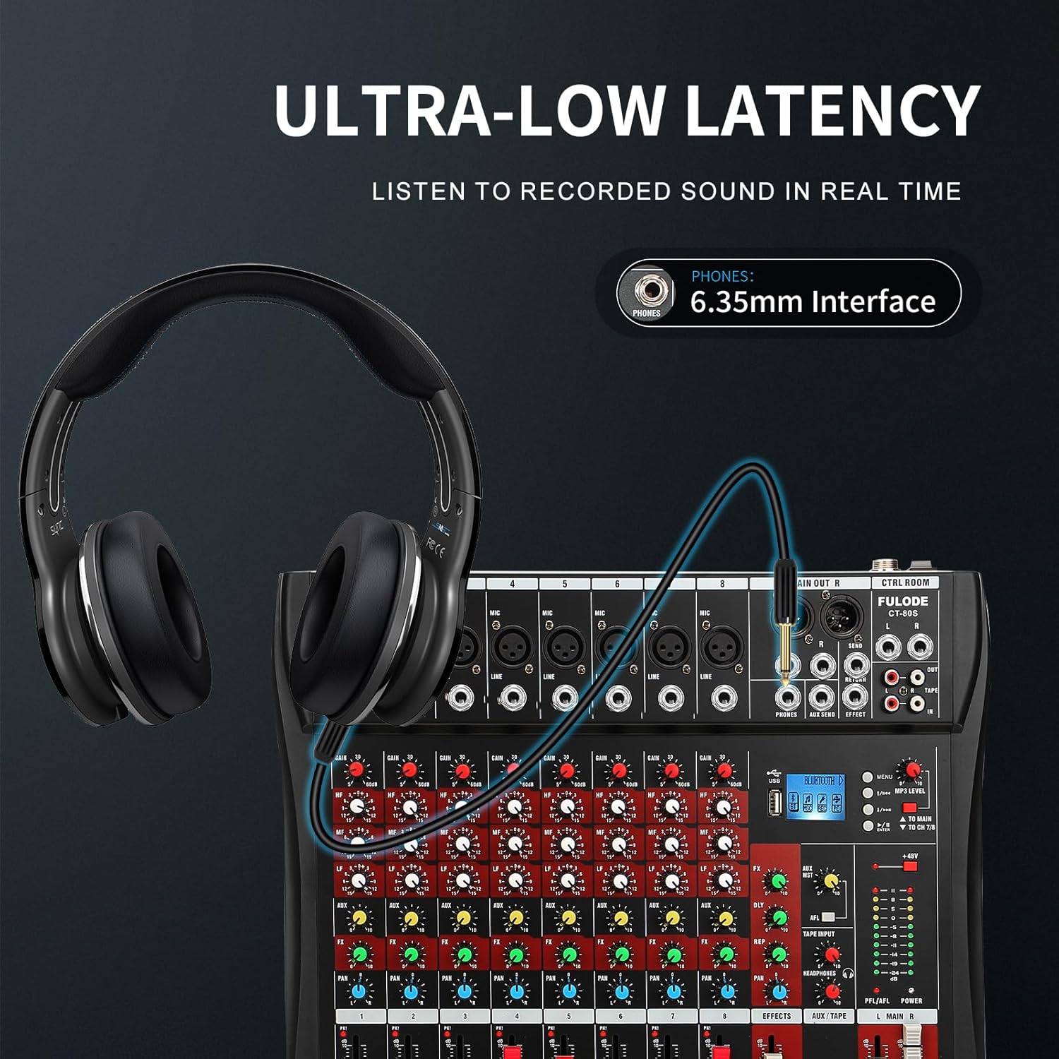 Audio Mixer 8 Channel, CT-80S Professional Sound System Mixer Board DJ Mixing Console with Reverb MP3 Player Bluetooth 48V Phantom Power Supply USB Recording for Studio Karaoke Live Music