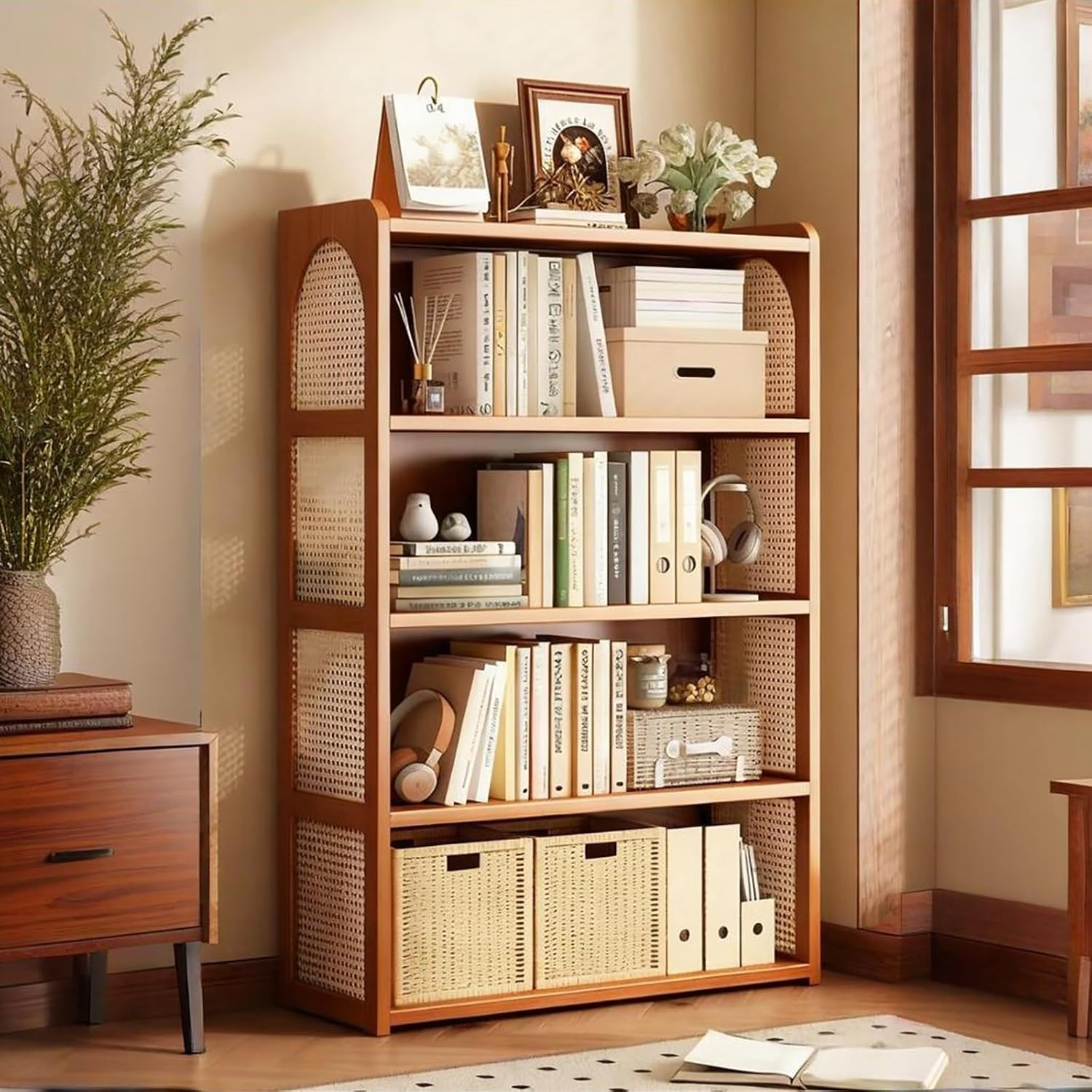 Open Bookshelf Corner & Straight Shelf Design Freestanding Display Rack Shelving Unit, Narrow Bookcase for Small Space Corner Bedroo, Office(Brown,84 * 123cm/33 * 48.4in)