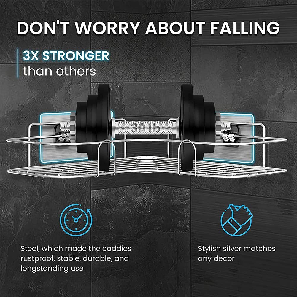 Exquisite Bathroom Shelves Adhesive Shower Organizer, Corner Shelf Wall Mount Bathroom with Hooks, Drill-Free Shower Caddy Basket, Stainless Steel Shampoo Holder Rack, Rustproof&Waterproof