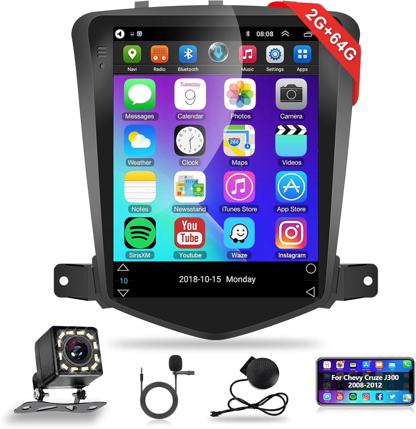 【HiFi 16EQ】 2G+64G Android Car Radio for Chevy Cruze J300 2008-2012, Podofo 9.7inch Vertical 1080P HD IPS Touch Screen Bluetooth Car Stereo with GPS WiFi FM RCA USB+Backup Camera+Mic SWC Mirror Link