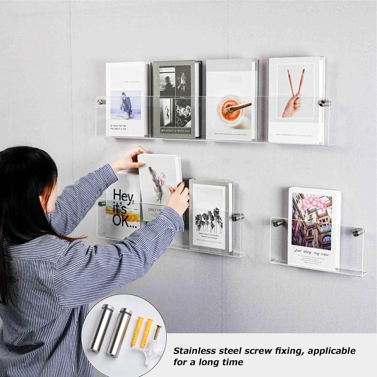 FPIGSHS 2 Pack - Acrylic Wall Magazine Rack，Clear Brochure Holder Wall Mount,Record Holder Wall,Hanging Bookshelf Literature Storage Rack,Floating Bookshelves for Offcie Home (Size : 120cm/47.2in)