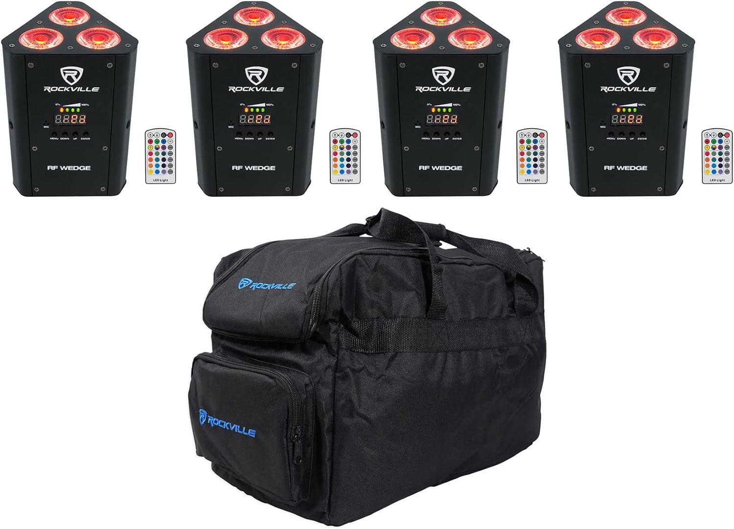 (4) Rockville RF Wedge Black RGBWA+UV Battery Wireless DMX Up Lights+Remotes+Bag