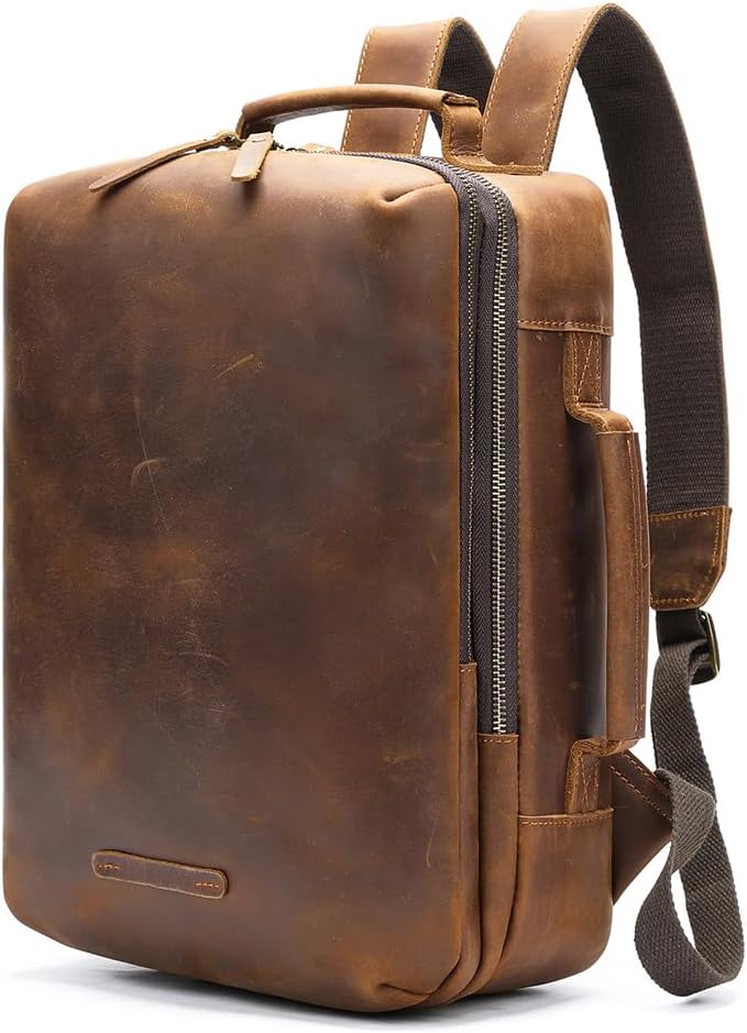 Genuine Leather Business Travel Daypack Water Repellent Multiple Compartments Unisex Hiking Laptop Backpack (Coffee)