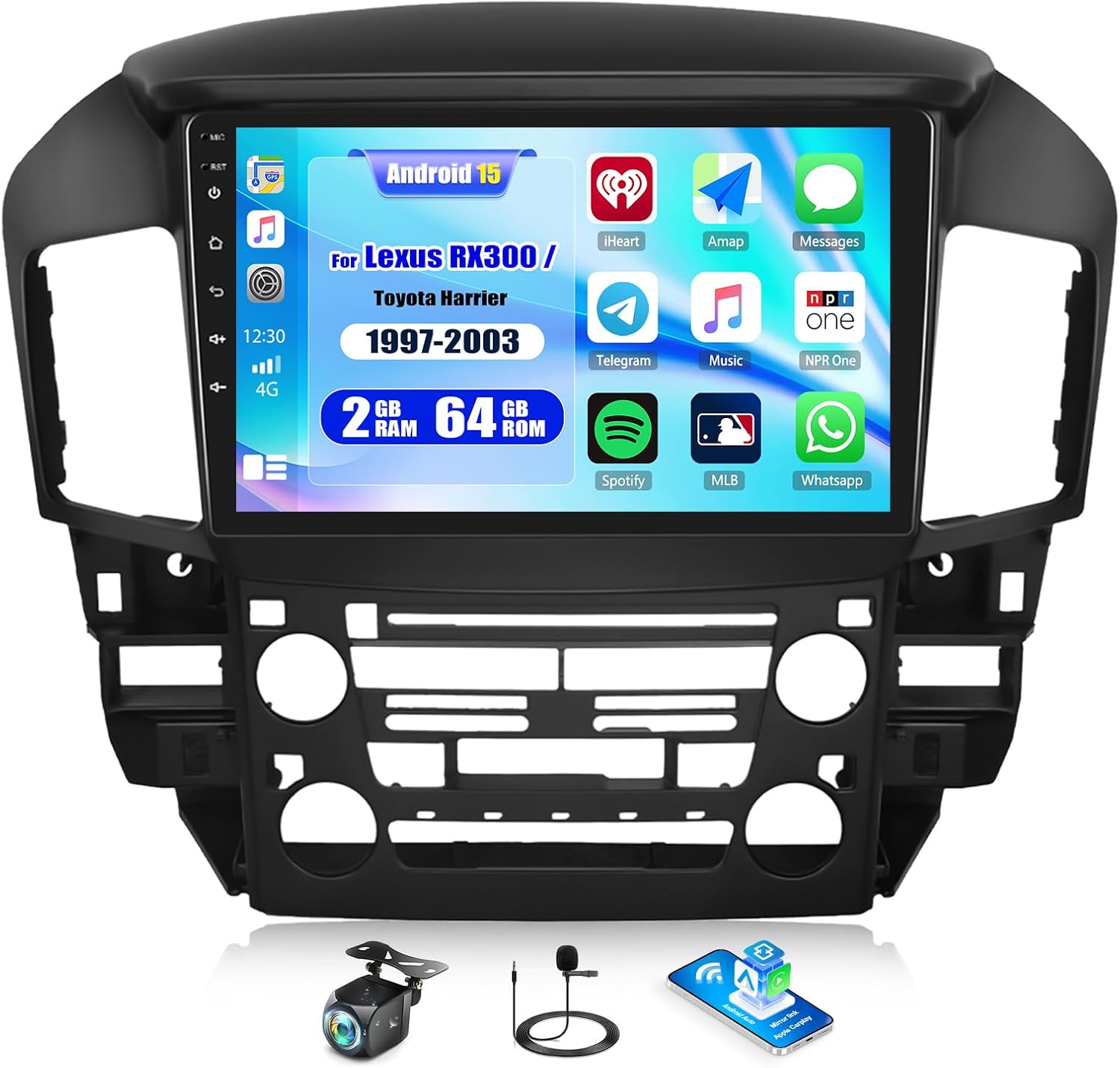 CAMECHO 2G+64G Android 15 Car Stereo for Lexus RX300 / Toyota Harrier 1997-2003 9 Inch Touch Screen with CarPlay Android Auto Mirror Link 26UI Bluetooth FM GPS Navigation WiFi SWC Backup Camera