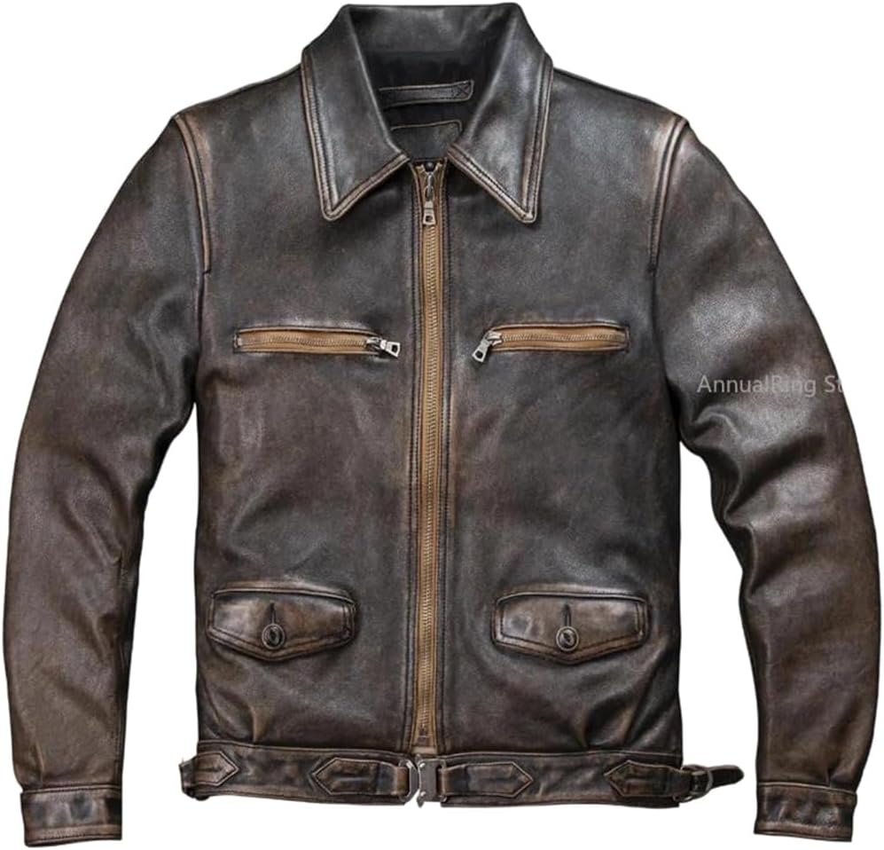 Men Vintage Washed Aged Full Cowhide Leather Short Genuine Leather Jacket Locomotive Jacket