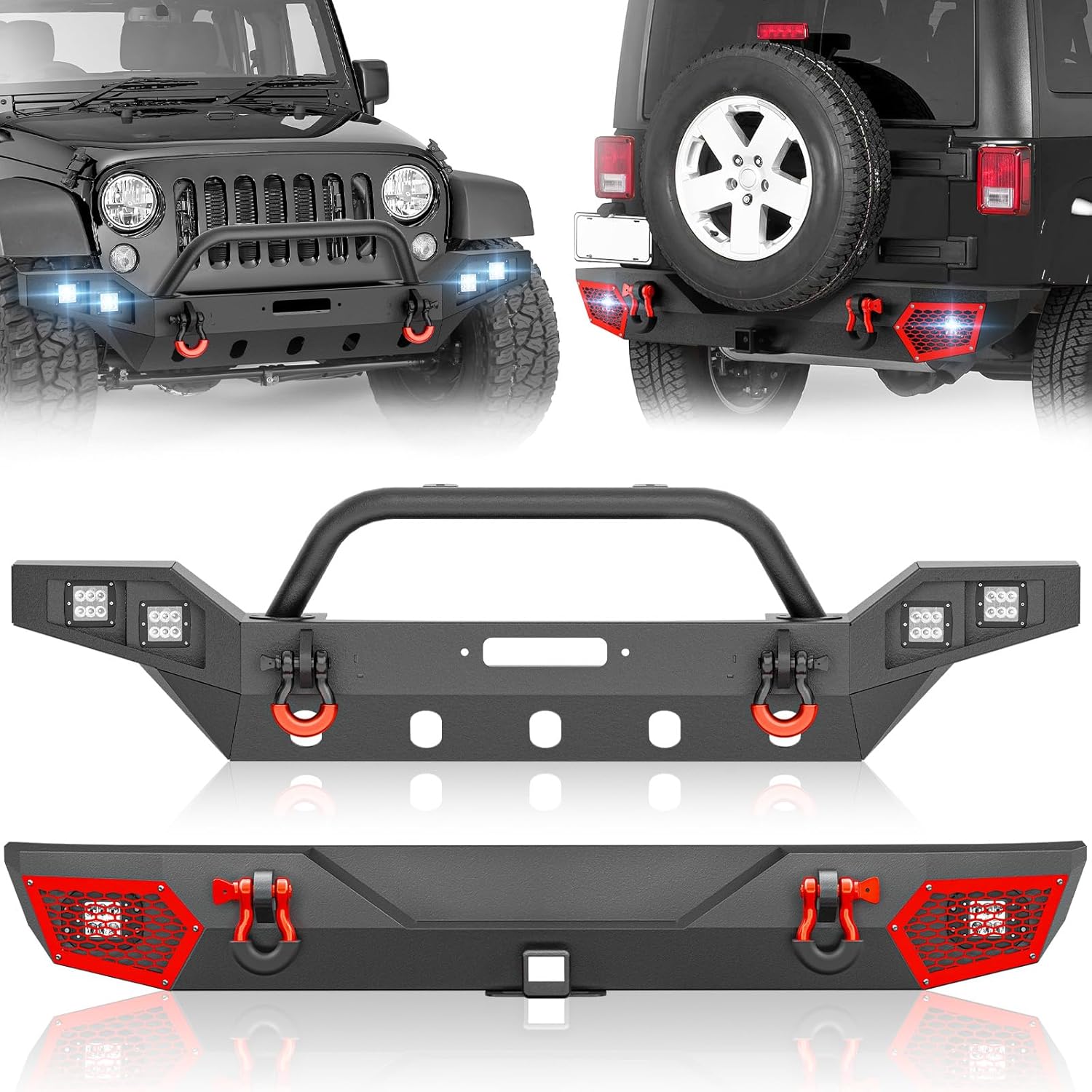 for Wrangler JK Front and Rear Bumpers Compatible with 2007-2018 Jeep Wrangler JK JKU Unlimited with Skid Plate, Winch Plate, Bull Bar, LED Lights, 2