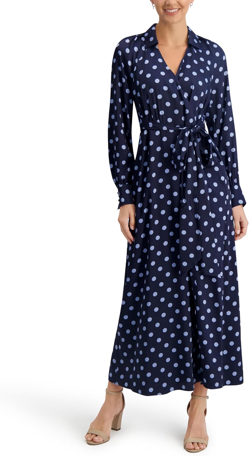 Anne Klein Womens Long Sleeve, Floral Print, Belted Midi Dress