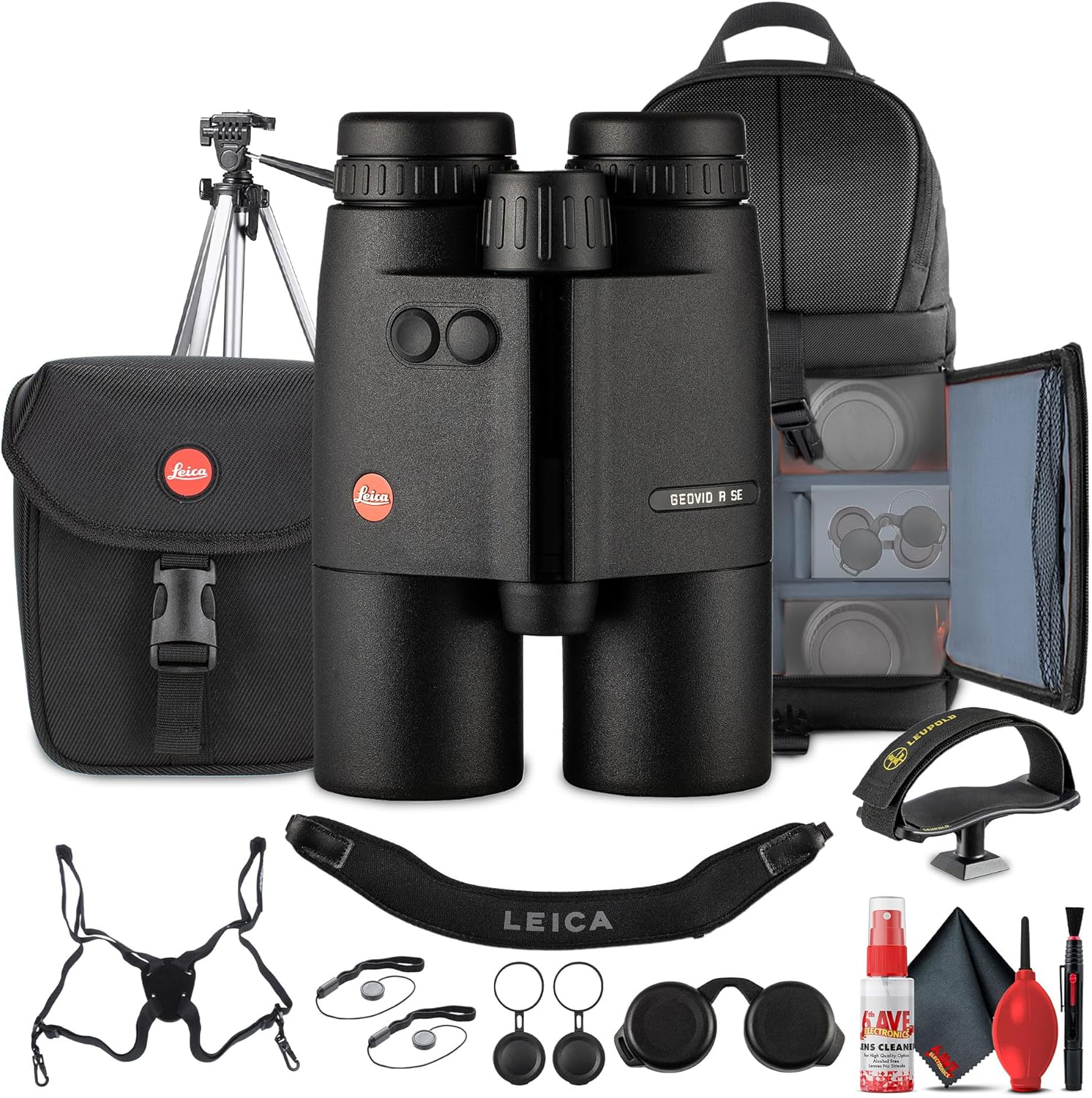Leica Geovid R SE 8x42 Binoculars | Rangefinder Included | Waterproof for Field Use (40811) + Tripod Adapter + Backpack + Cleaning Kit + Suspender Harness + 2 x Cap Keeper