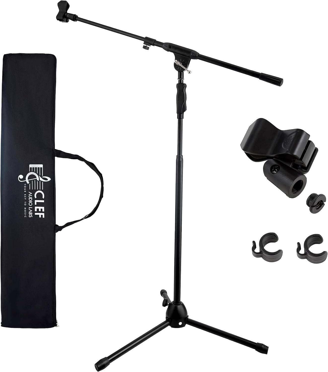 Tripod Mic Stand, One-Handed Clutch Height Adjustment and Telescopic Boom Arm - Cable Management Clips, Universal Mic Holder Mount, Adapter and Carry Bag included