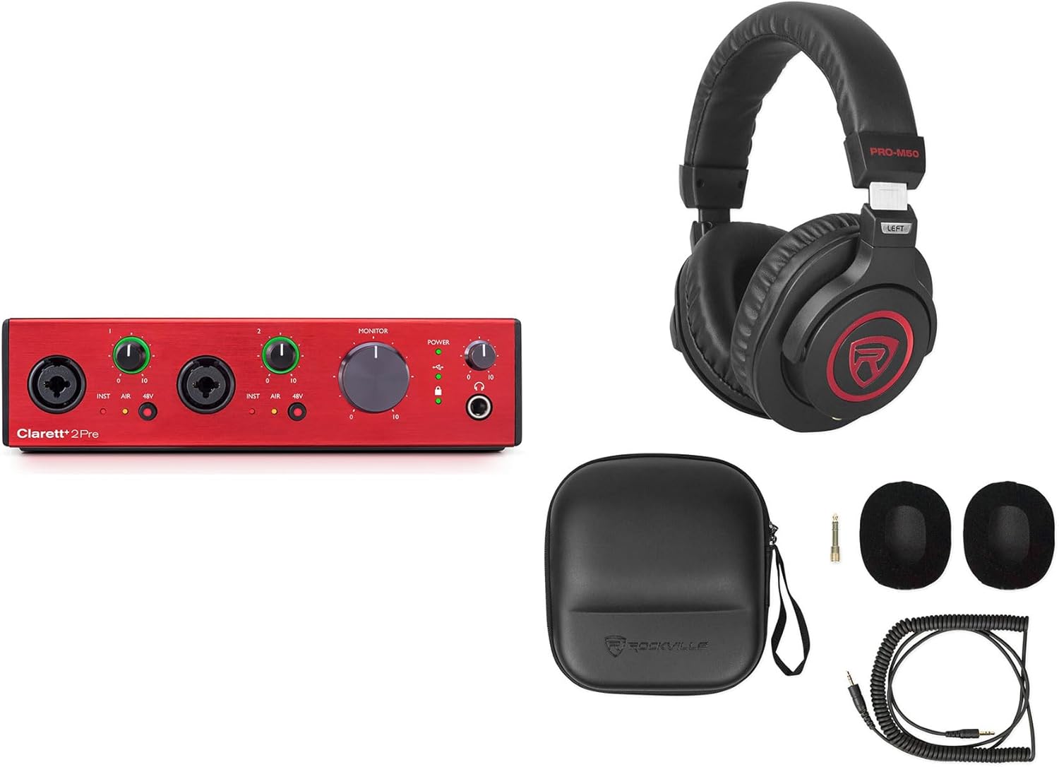 Audiosavings Bundle: Focusrite Clarett+ 2Pre USB-C Audio Recording Interface, 2 Mic Preamps/JFET/ADAT Bundle with Rockville PRO-M50 SR Studio Headphones+Detachable Coil Cable+Case+Ear Pad (2 Items)