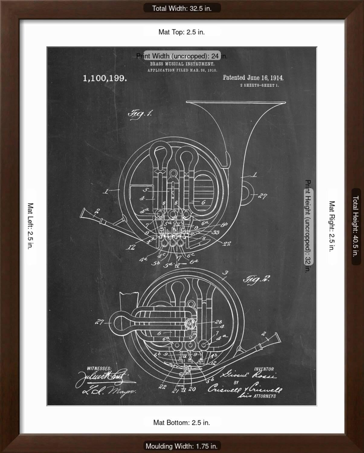 ART.COM Wall Art Print French Horn Instrument Patent on Brown Frame, 32