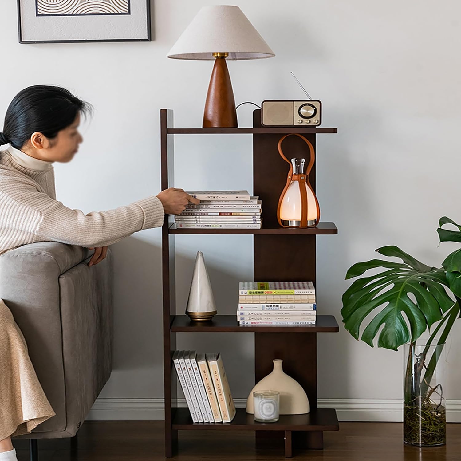 4 Tiers Corner Bookshelf, Solid Wood Storage Display Shelf, Modern and Simple Bookcase, Floor-Standing Rack, for Bedroom, Living Room, Kitchen, Home Office(White)