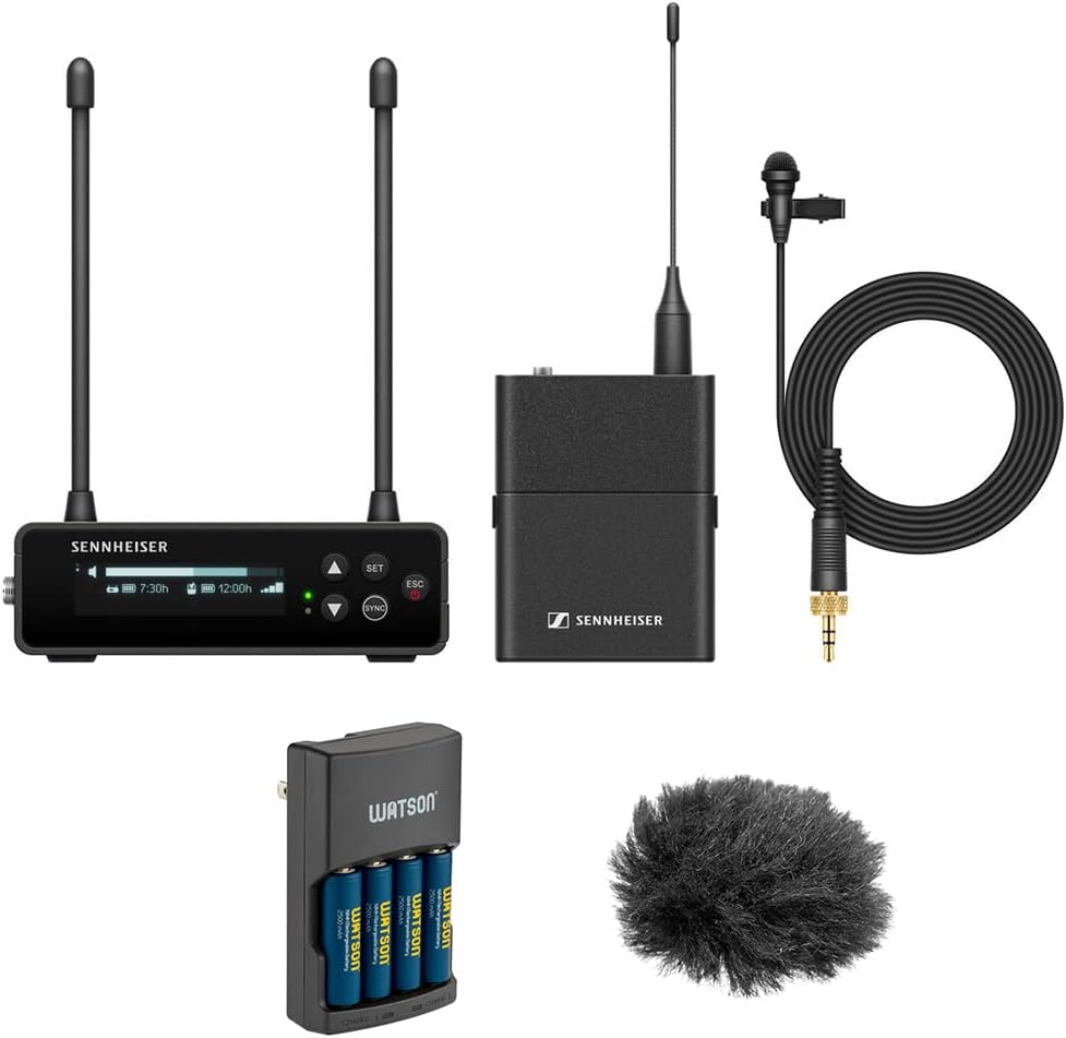 Sennheiser EW-DP ME 2 Set Camera-Mount Digital Wireless Omni Lavalier Mic System (R4-9: 552 to 607 MHz) Bundle with Auray WLW Fuzzy Windbuster and Watson Rapid Charger with 4 AA Batteries