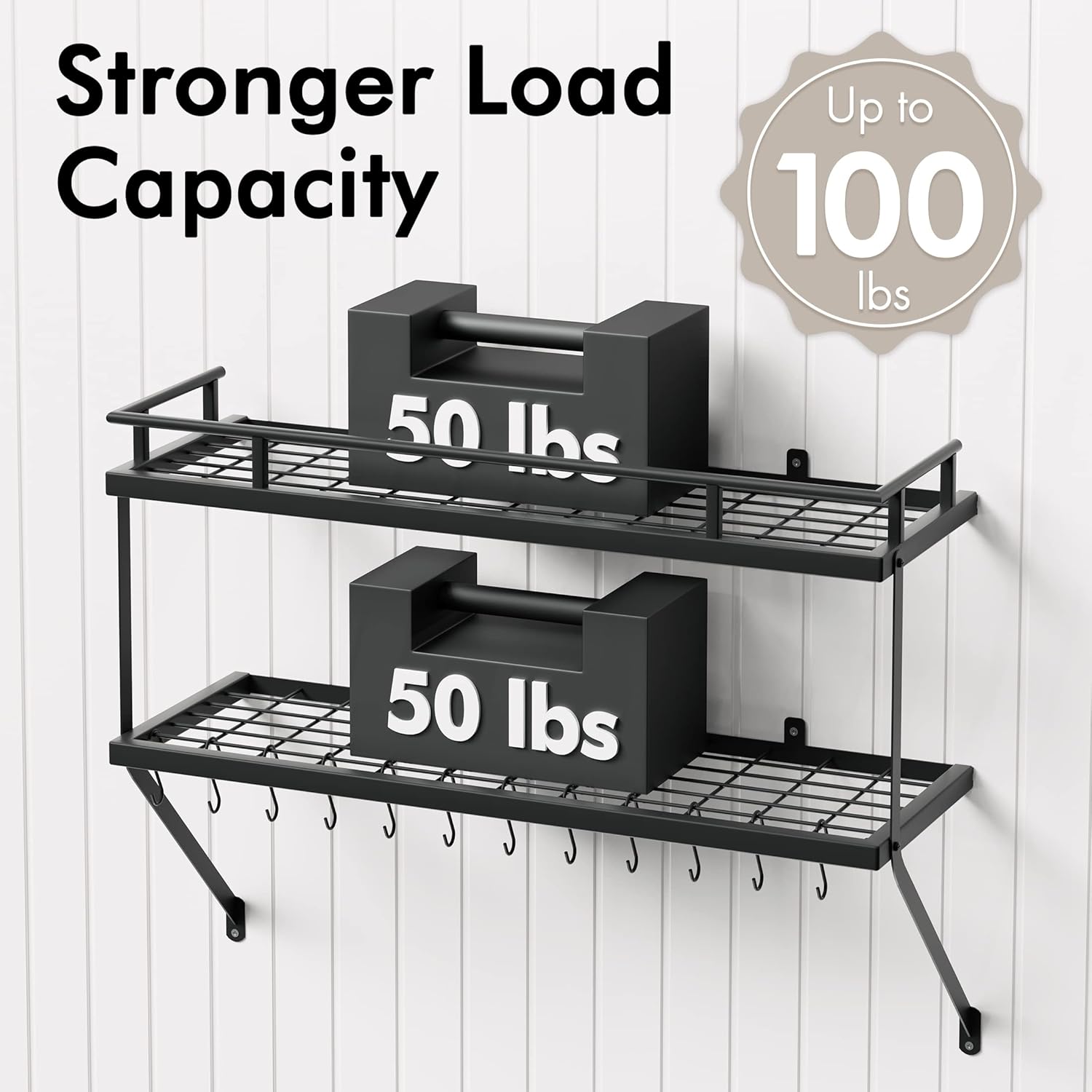 KES 24 Inch Kitchen Wall Mount Pot Pan Rack Wall Shelf and 30-Inch 2-Tier Kitchen Pot Rack with 12 Hooks Matte Black, KUR215S60-BK+KUR215S75B-BK