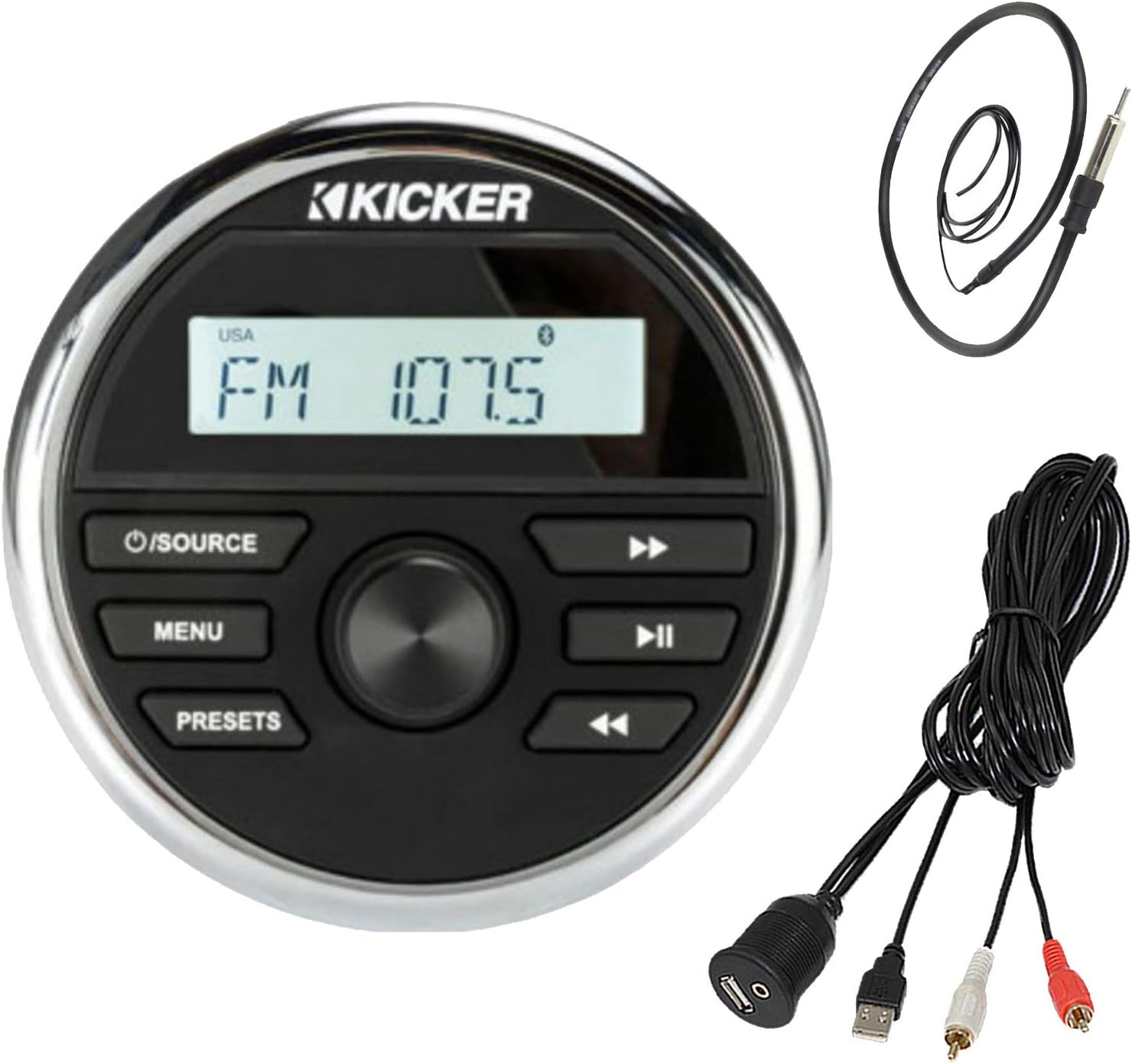 Kicker Marine Boat Yacht Gauge Style AM/FM Radio Stereo Receiver Media Player Bundle Combo with Enrock USB/AUX to RCA Interface Mount Cable + 22