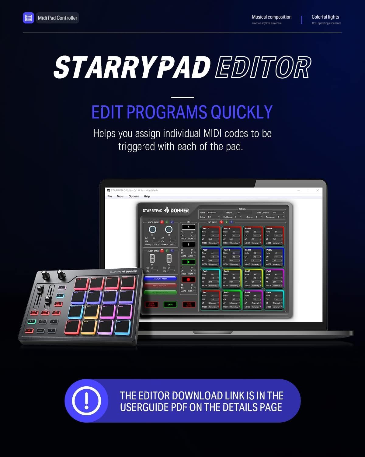 Donner STARRYPAD MIDI Controller, 16 Pads, USB Type-C, Music Production, Backlight, Japanese Instruction Manual (English Language Not Guaranteed)