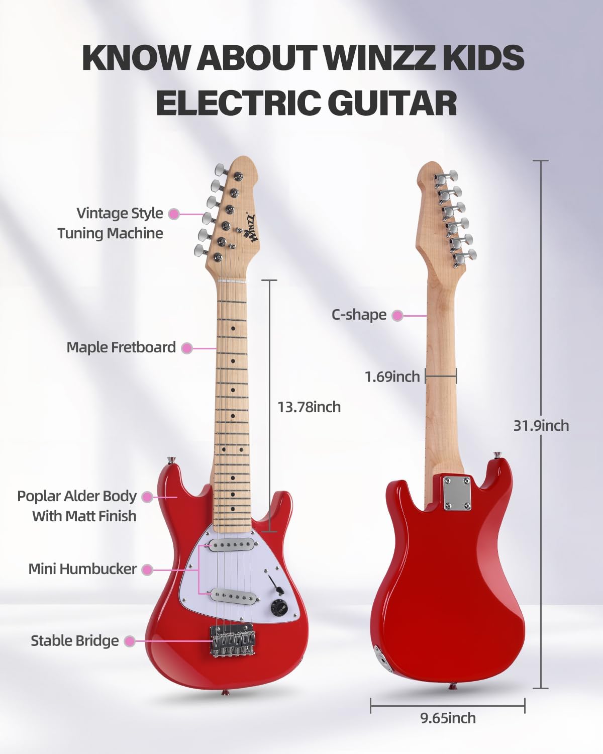 Winzz 30 Inch Kids Electric Guitar Beginner Kit, Junior 1/4 Size Mini Electric Guitar for Children Complete Stater Set with Amp, Gloosy Red Colour