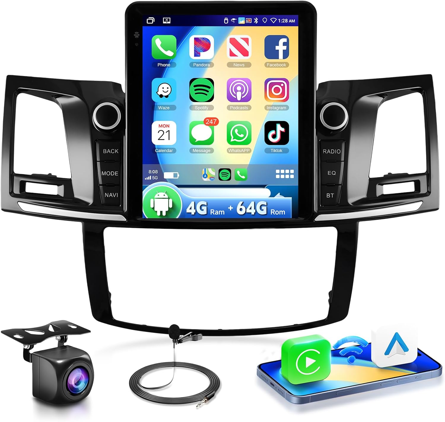 for Toyota Fortuner Hilux 2005 Manual A/C Radio,4G+64G Car Stereo with Wireless Carplay Android Auto,9.7inch IPS Touch Screen,DSP 32EQ,5.0Bluetooth,AHD Backup Camera,MirrorLink FM/RDS