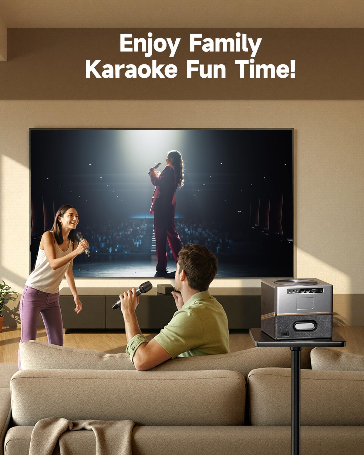 Moukey MTV30 All-in-One Karaoke Machine Projector, with Dual 4-inch Woofers, 40W RMS 120W Peak Power, Powerful Sound, Passive Radiator, Smooth System, Supports 45-250