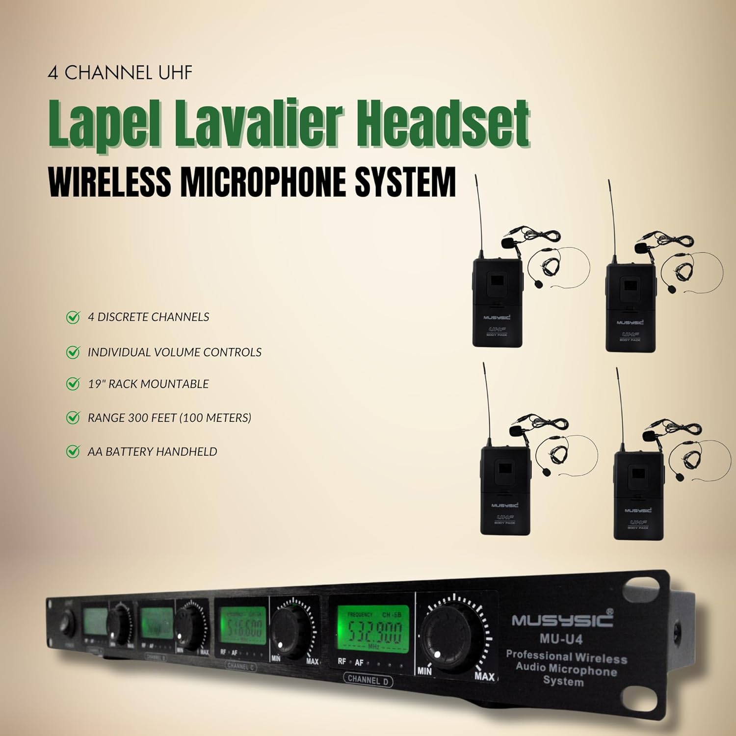 MUSYSIC U4LL 4-Channel Professional UHF Lapel/Lavalier & Headset Wireless Microphone System for Conference, Church, Party with Independent Volume Controls