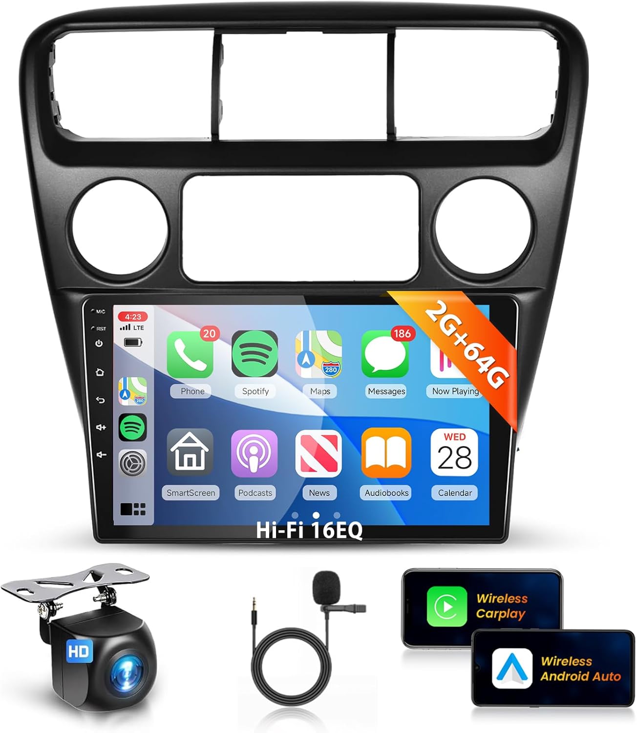 【HiFi 16EQ】 2G 64G Car Radio for Honda Accord 6th 1998 1999 2000 2001 2002 2003 2004 with Wireless CarPlay Andriod Auto,9'' IPS 1080P Touchscreen/WiFi/Bluetooth/GPS/RDS FM Radio/AHD Backup Camera Mic