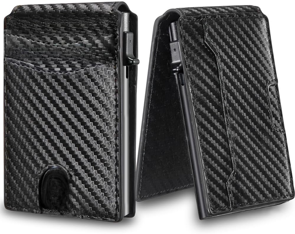 Genuine Leather Minimalist Wallet for Men, RFID Blocking Slim Bifold with Pop Up ID Window and 5-6Card Slots (Black)