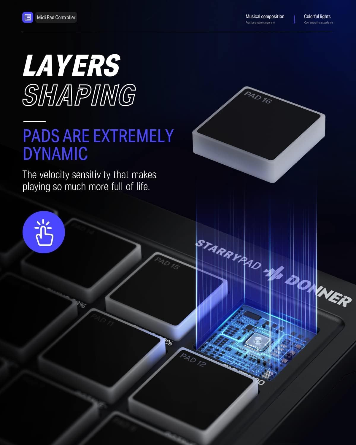 Donner STARRYPAD MIDI Controller, 16 Pads, USB Type-C, Music Production, Backlight, Japanese Instruction Manual (English Language Not Guaranteed)